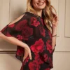 Kaleidoscope Red Rose Print Scuba Midi Cape Detail Dress