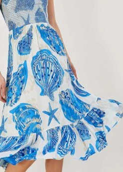 Monsoon Shell Print Shirred Bandeau Midi Dress